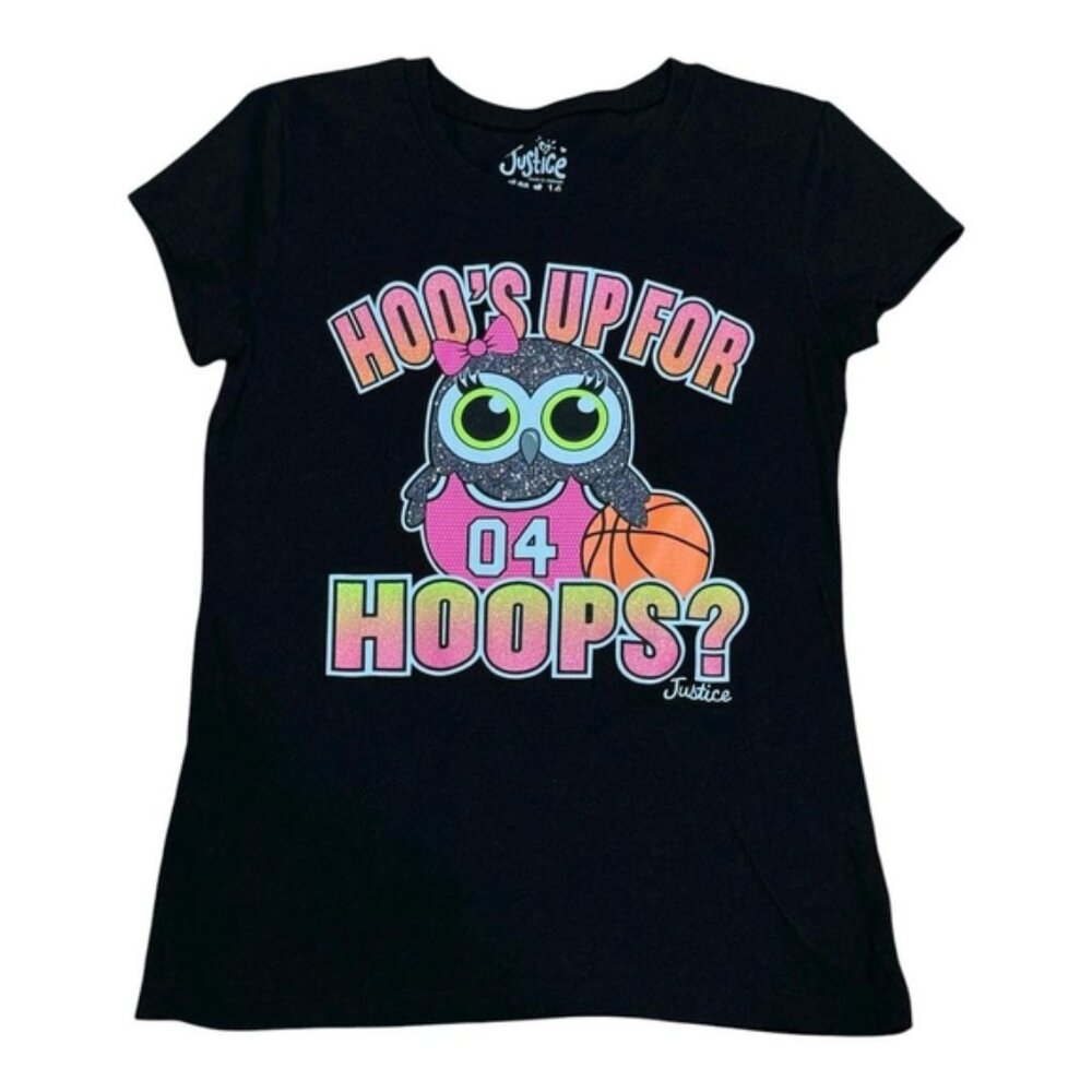Justice Shirt Girls 14 Black Short Sleeve Hoos Up For Hoops Basketball Owl Tee
